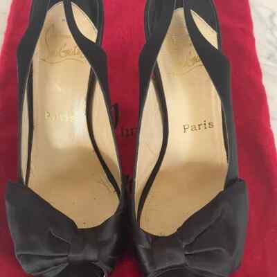 Authentic Christian Louboutin black satin sling-back bow  display picture 1