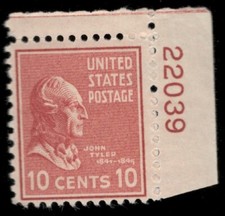 US. 815. 10c. John Tyler. Single Pre-Eye Pl#22039 UR. MNH. 1938