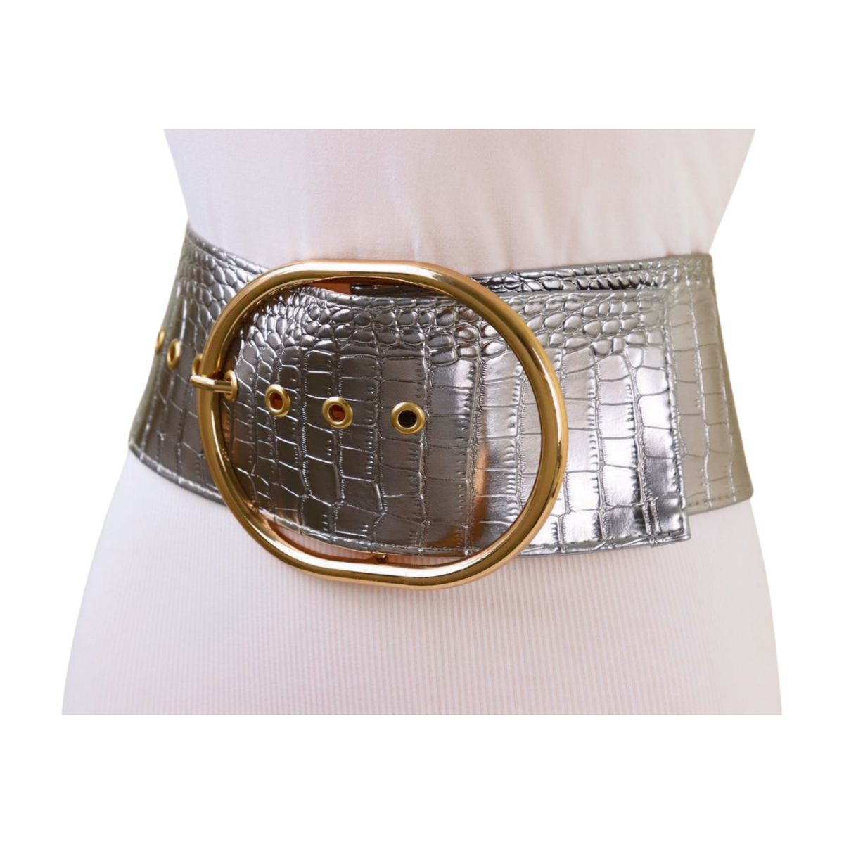 Women Wide Silver Chrome Gunmetal Modern Style Belt Gold Oval Metal Buckle  S M