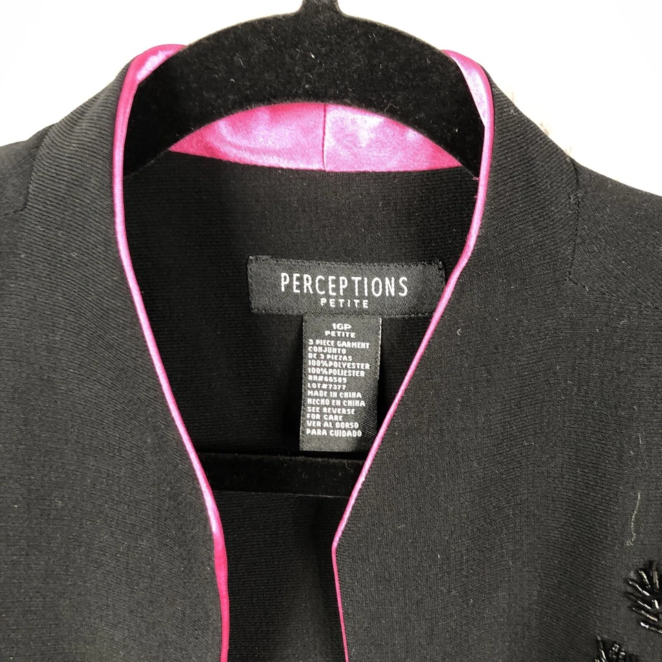 Chaqueta Perceptions para mujer 16P Petite negra rosa ribete en contraste cóctel evento Foto 3 de 4
