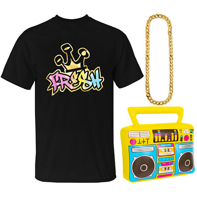 ERWACHSENE 90ER FRISCH RETRO T-SHIRT KOSTÜM SET 80S FANCY KLEID GHETTOBLASTER ÜBERGRÖSSE