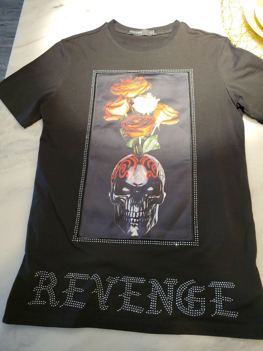 Hudson Outerwear Mens Revenge Skull Rose Studded Graphic T-Shirt