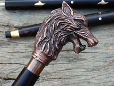 Handmade Walking Stick Wolf Head Antique Brass Handle Wooden Cane Vintage Decor
