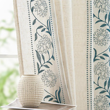 Embroidered Floral Linen Curtains 84" Blue Beige 2 Panels Light Filtering Decor