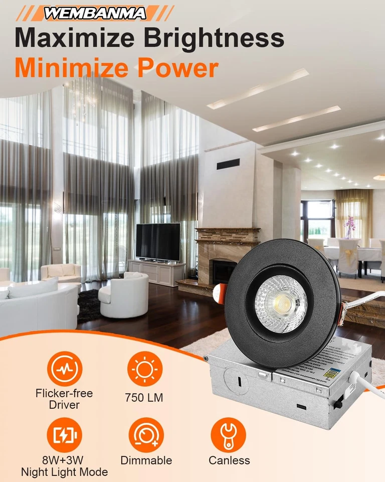 Luces nocturnas empotradas CRI90 3 pulgadas, foco interior LED cardán de 8 W, sin conexión... Foto 2 de 4