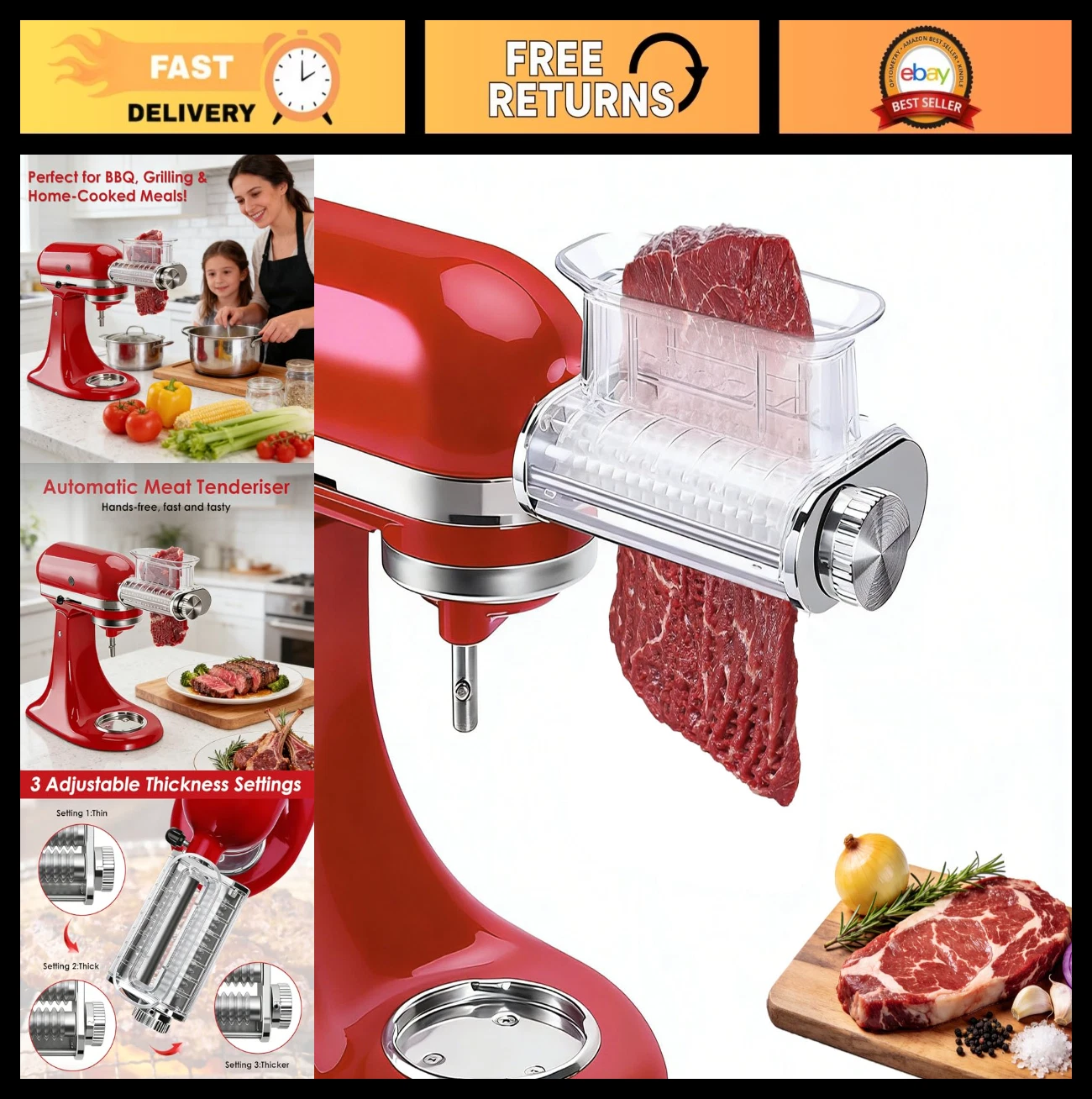 Meat Tenderizer Attachment for Stand Mixer - 3 Thickness Settings, Stainless Ste