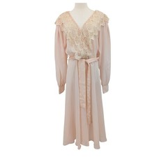 Ursula of Switzerland Vintage Peach Chiffon Dress Lace Collar & Belted Sz 13/14