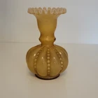 Vintage Fenton Style Honey Amber Glass Vase, Beaded, Decorative Ruffled Rim