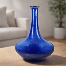 Vintage Cobalt Blue Swirl Glass Vase 1970s Art Glass Decor