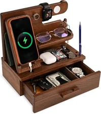 Wood Phone Docking Station with Drawer - Nightstand Organizer - Desk Organizer f