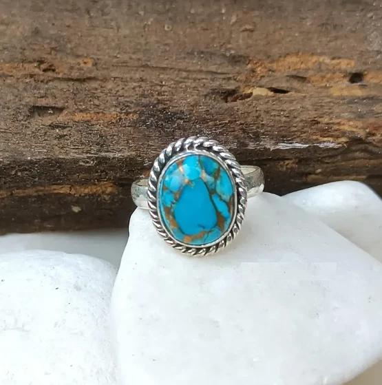 Anillo Turquesa Cobre Hecho a Mano Plata de Ley 925 Piedras Preciosas Anillo Todas las Tallas R394 Foto 4 de 4