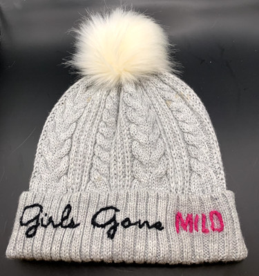 J Crew ''Girls Gone Mild'' Hat Beanie Gray Cable Knit Pom Pom Novelty Bachelorette