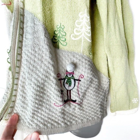 Christopher & Banks Muñecos de Nieve Verde Blanco Esquí Cremallera Completa Navidad Suéter Grande Foto 3 de 4