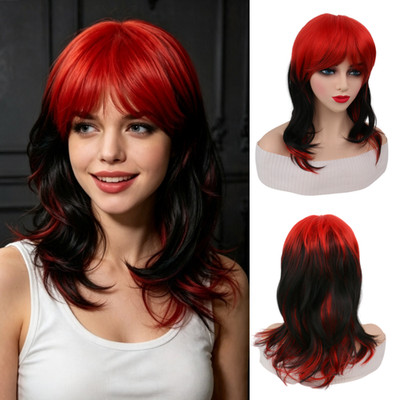 Women Red Black Ombre Mullet Wolf Cut Wig Cosplay Halloween Party Wig