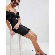 ASOS DESIGN Black Linen Blend Off Shoulder Mini Dress Front Buttoned Size 6 NWOT