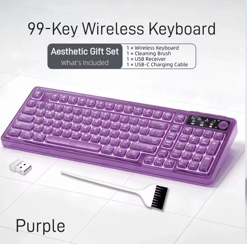 Purple RGB Keyboard, 99-Key Wireless Mechanical Keyboard with Volume Knob