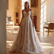 Spaghetti Strap Lace Applique Wedding Dresses A Line V Neck Deep Back Zipper