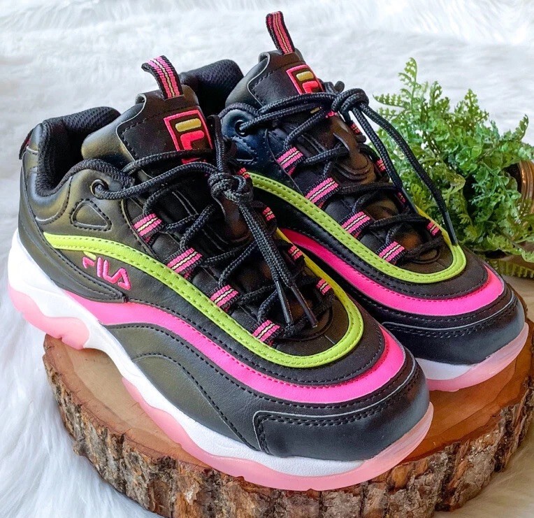FILA Neon Pink Green Black Sneakers Women's Chunky Tennis