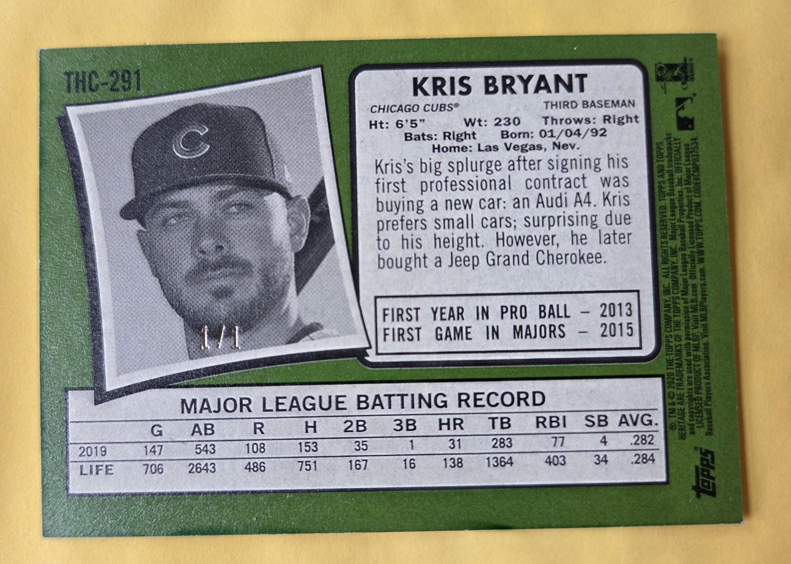 2020 Topps Heritage Chrome SUPERFRACTOR Kris Bryant #THC-291. 1/1 view 2
