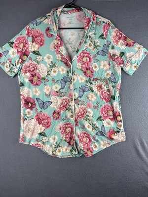 Posh Peanut Teal Floral Butterfly Bamboo Button Up Pajama Top Womens Size Large