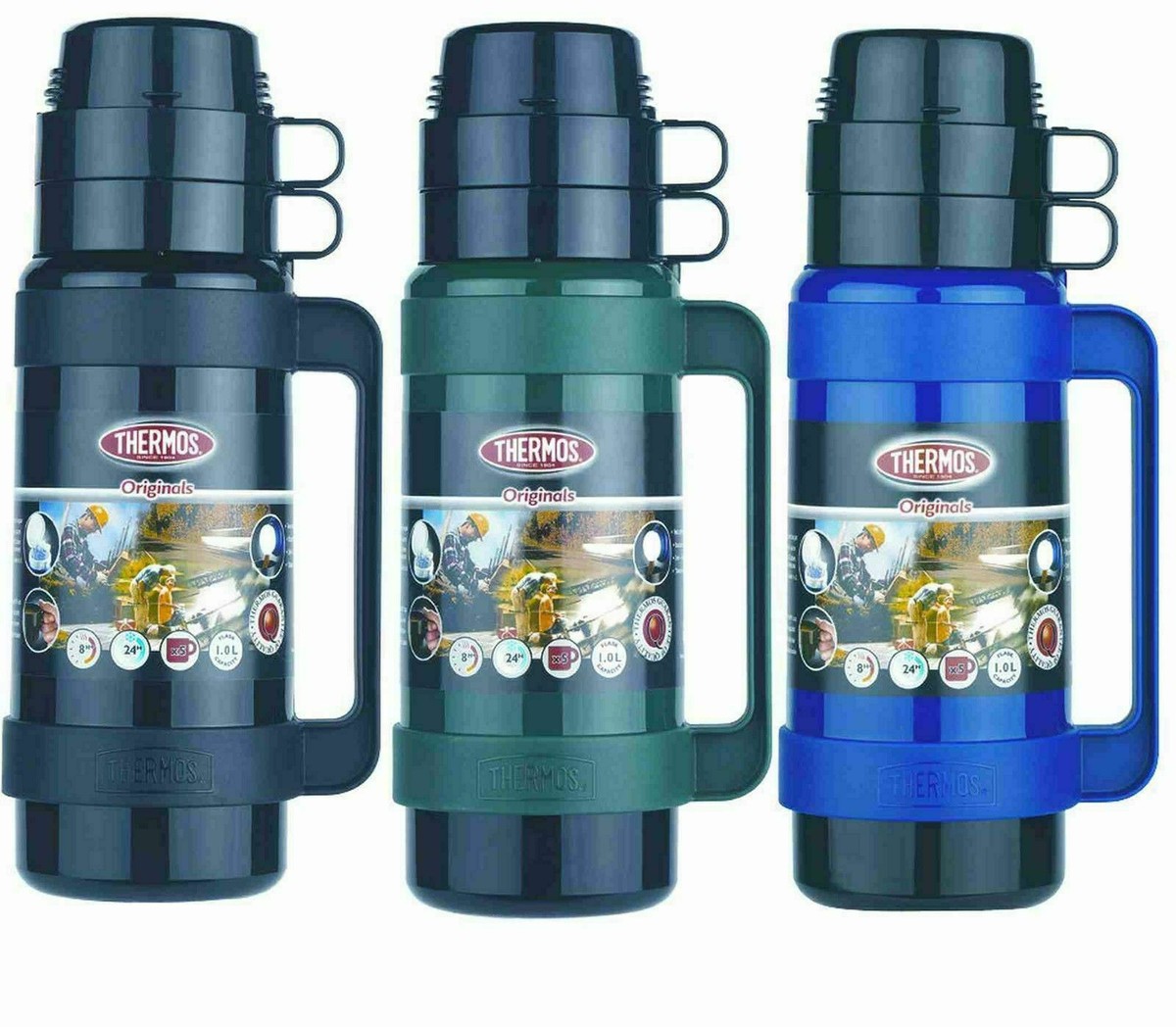 Thermos Mondial 500ml 1L Litre Glass Lined Vacuum Flask Black/Green/Blue