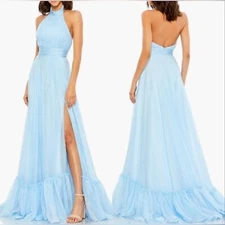 NWOT Mac Duggal Halter Neck Tiered Ruffle Satin light blue Gown sz 4