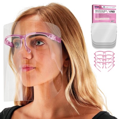 Salon World Safety Pink Face Shields with Glasses Frames (4 Pack) - Anti-Fog