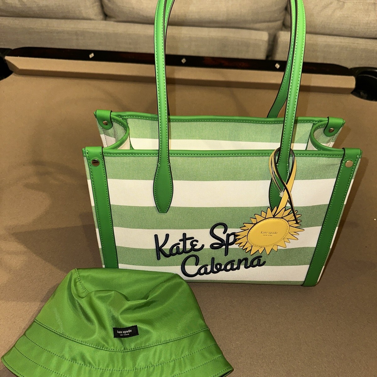 Bundle Kate Spade Market Cabana Canvas Medium Tote & Green Bucket