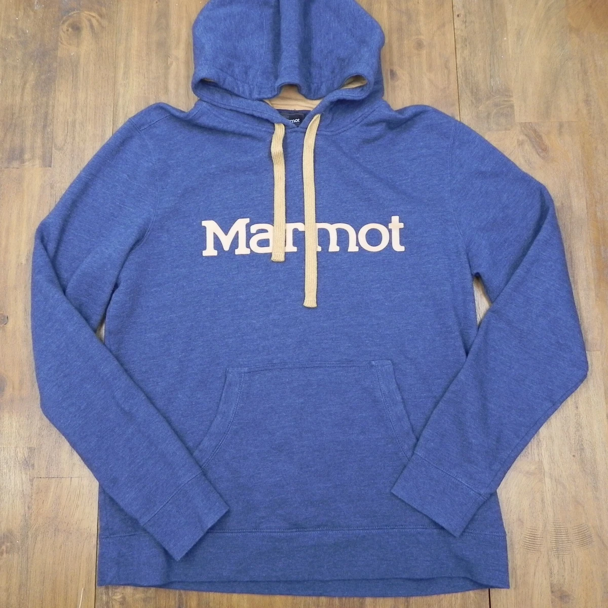 Marmot Mens Sweatshirt Medium Blue Orange Hoodie Hooded Cotton Blend Spell Out