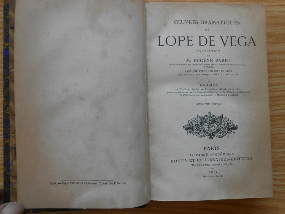 Œuvres Dramatiques de Lope de Vega Tome 1 Drames 1874 relié - Photo 4/4