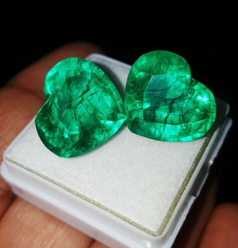 CERTIFIED Natural Colombian Emerald Pair 8-10 Ct Loose Gemstone Heart Shape AE09