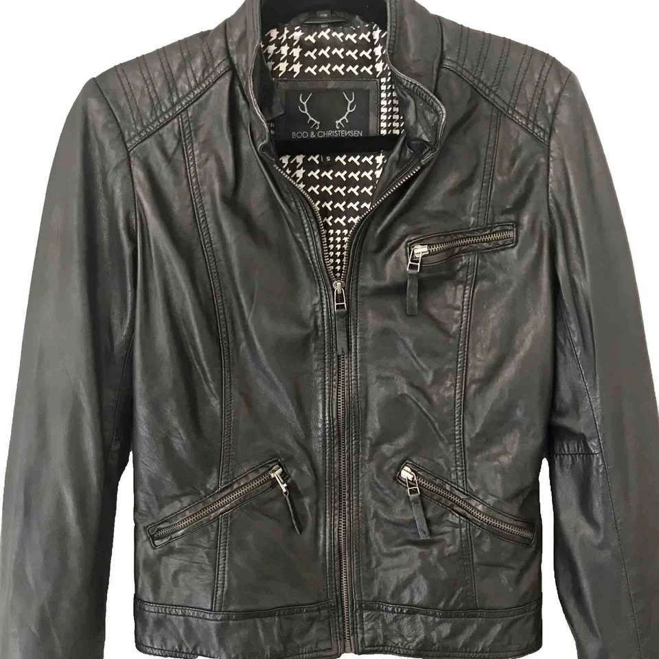 Bod & Christensen Black Leather Cafe Racer Jacket Zippers Lined Women’s Sz S - Image 4 of 4