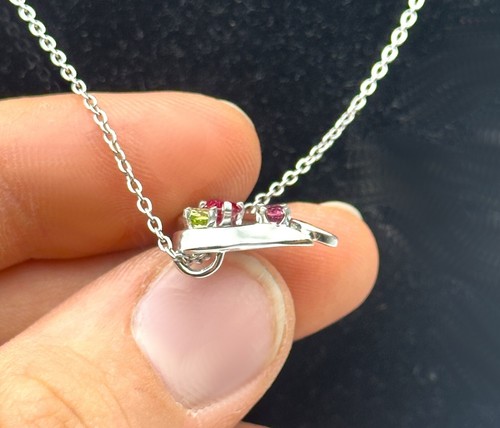 14k White Gold Chain & Heart Pendant with Peridot, Ruby, Pink Tourmaline 16" - Picture 6 of 13
