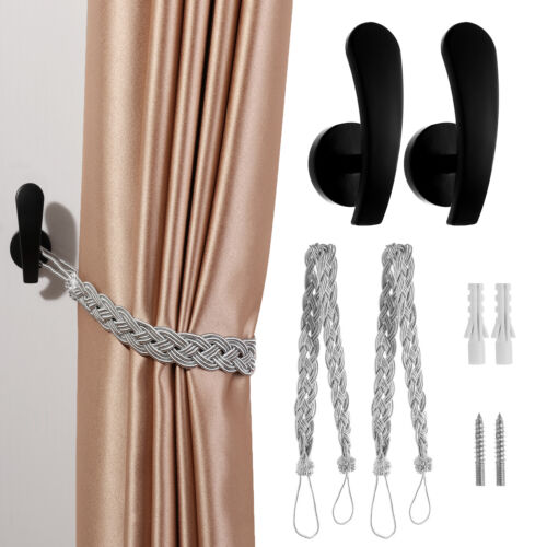Tie Backs Curtain Holdback Braided Tiebacks Hanger Strap Mounted Metal Hooks - Picture 1 of 14