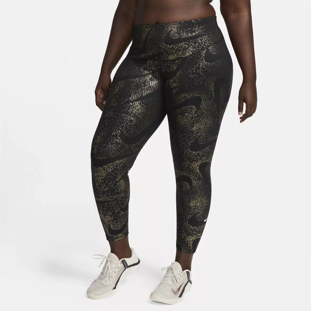 Nike One Women's Black Gold Glitter Mid R Printed Leggings (DX6389-010) 1X/2X/3X