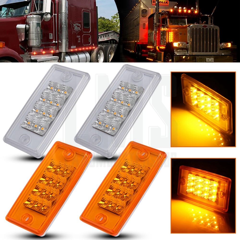 2Pair Clear+Amber Lens Amber LED Side Marker Light Turn Signal Trailer Truck