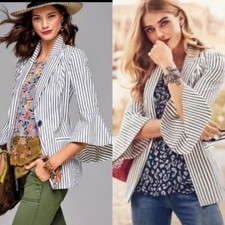 CABI Tick Tock Bell Sleeve Blazer 3/4 Sleeve Navy/White Stripe Sz 2 5295 NWOT