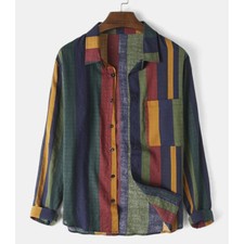Men Rainbow Stripe Shirt Ethnic Vintage Slim Fit Long Sleeve Button Down