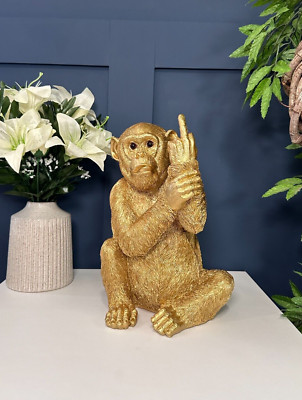 Großer detaillierter Gold ''Up yours'' Affe Ornament Kunst Skulptur | Wohndeko Tisch