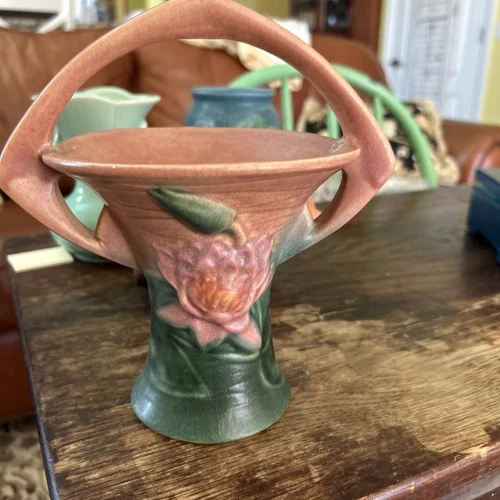 Roseville Pottery Planter Vase 380-8” Basket Pink Green Water Lily Zz