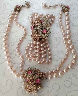 Miriam Haskell Pearl Choker Pink White Flower Necklace & Bracelet Set Signed
