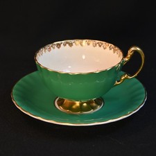 Aynsley Cup & Saucer Pedestal Fluted Pink Rose Spray CS286 Green wGold 1934-1939