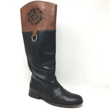 Frye Melissa Logo Riding Boots Shoes Womens Size 7 Black Brown Leather Pull On