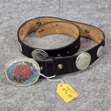 VTG Jacobs Leather Western Belt Teens Small Black Concho Rose Buckle USA