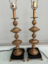 VTG Pr Cast Brass Bronze James Mont style Table Lamps Hollywood Regency Pair 50s