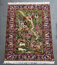 Afghan Handmade Pictorial Rug 4x7 Ft –Wool Area Carpet with Dear  & Birds Design