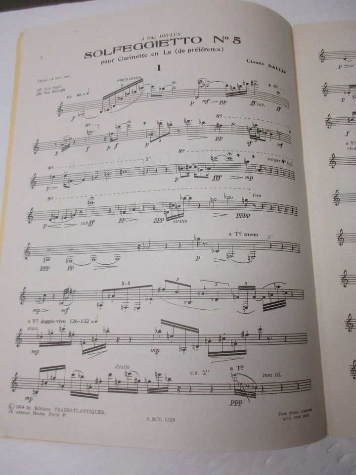 Claude Ballif Solfeggieto No 5 for Clarinet Solo Sheet Music Transatlantiques - Image 2 of 2
