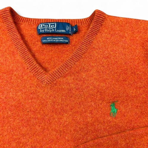 Vintage Damen L Large Polo Ralph Lauren 100% Lammwolle V-Ausschnitt Orange Pullover