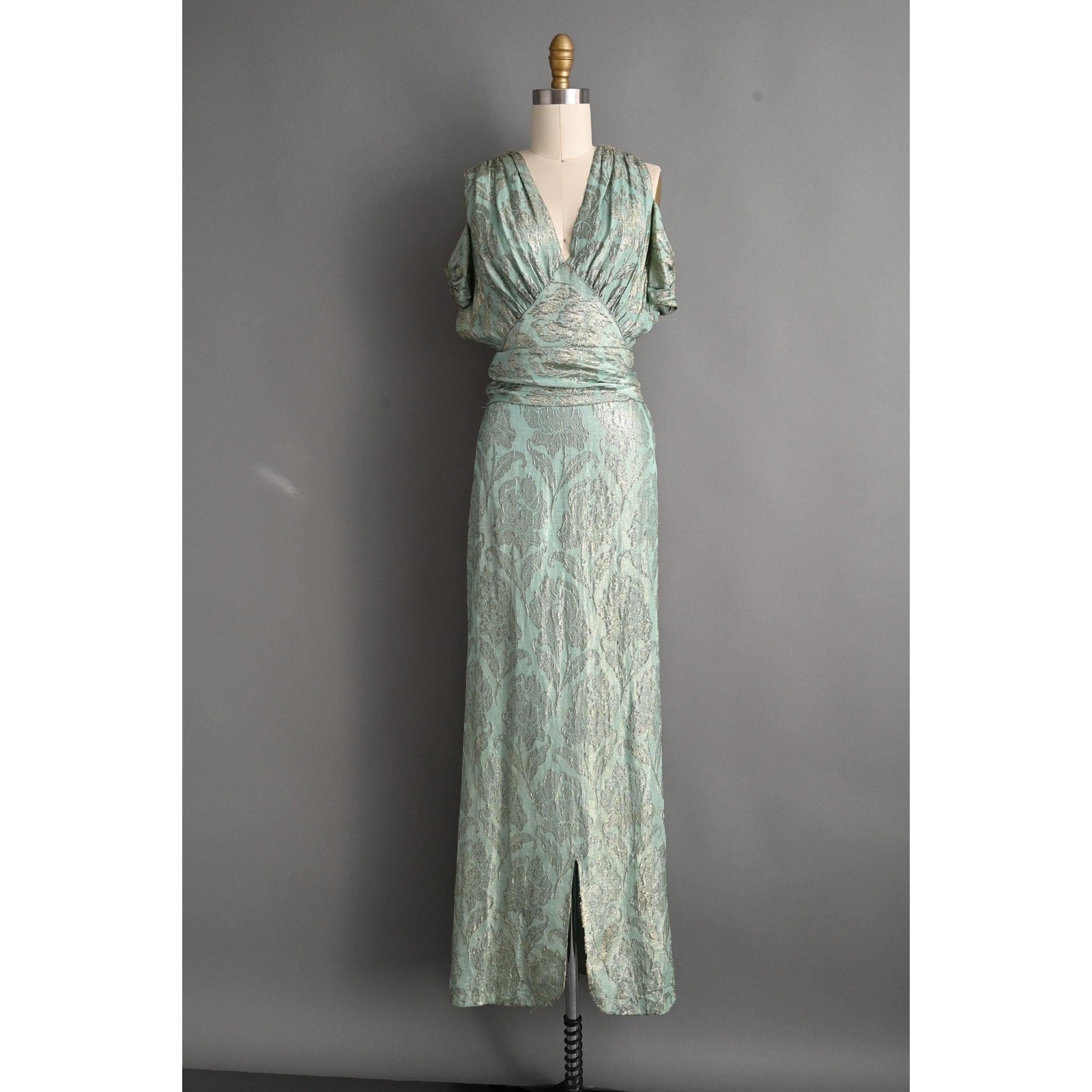 Vintage 1930s Dress | Rare Antique Mint Green Silver Lamé Party Gown | XS Small