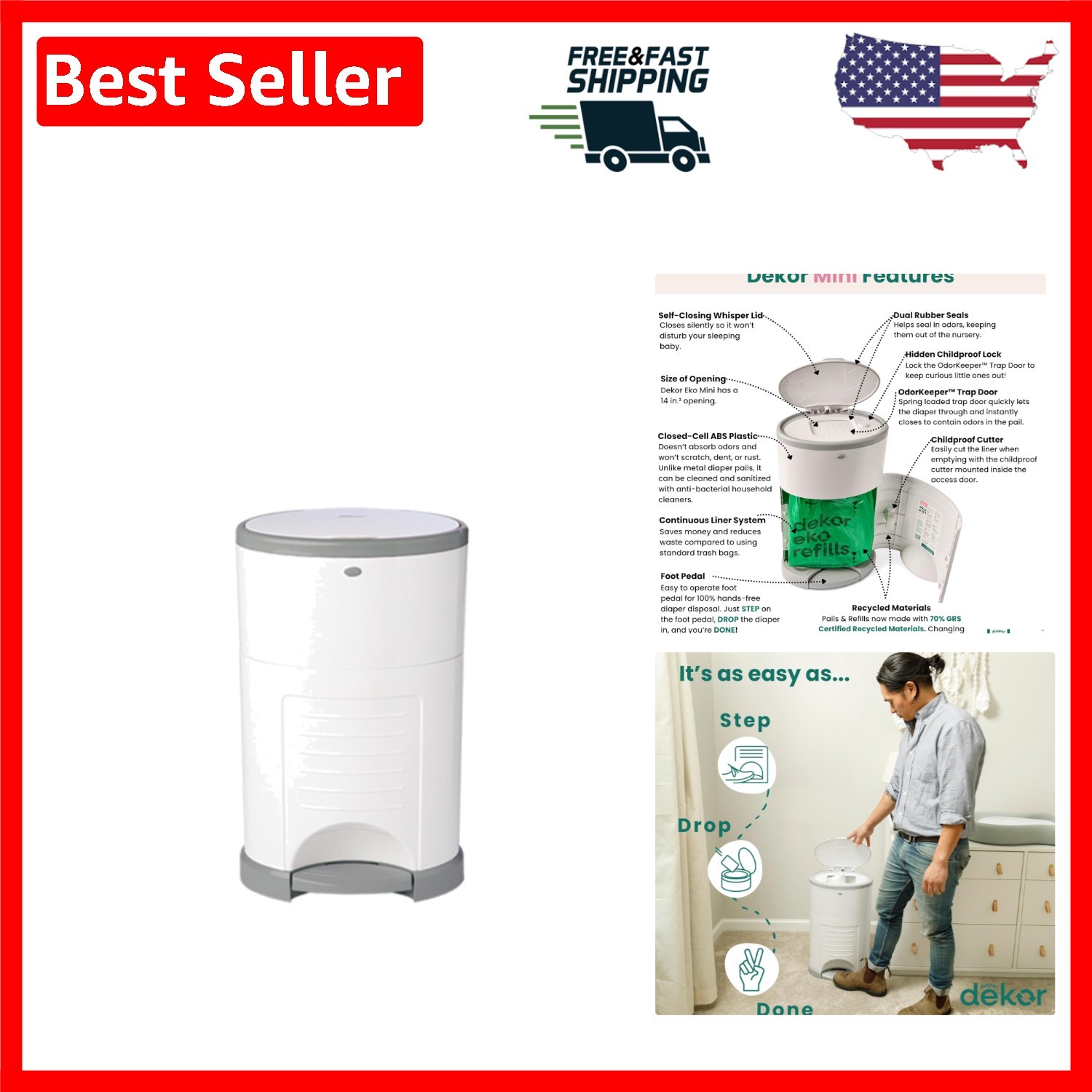 Effortless Mini Diaper Pail - Step-On Convenience & 70% Recycled Materials